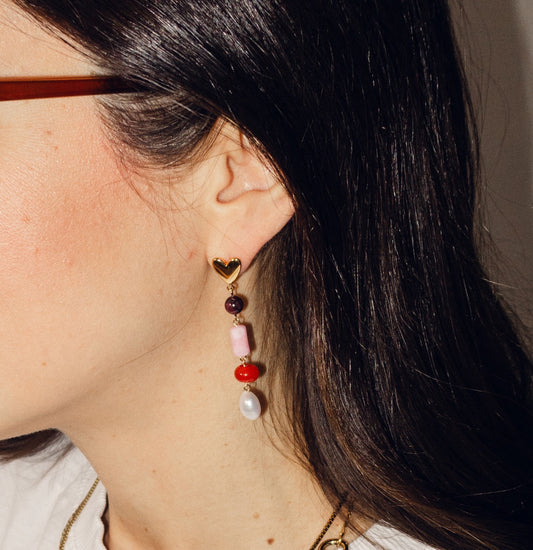 Heart Beaded Dangle Stud Earrings