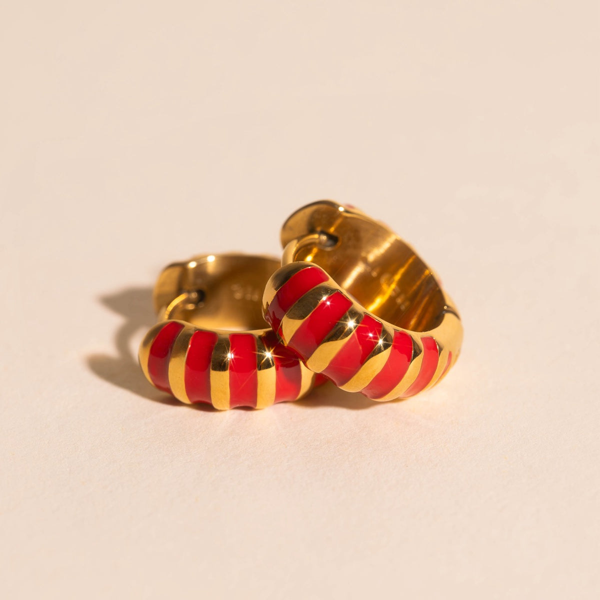 Red Striped Rounded Super Chunky Huggie Hoop Earrings