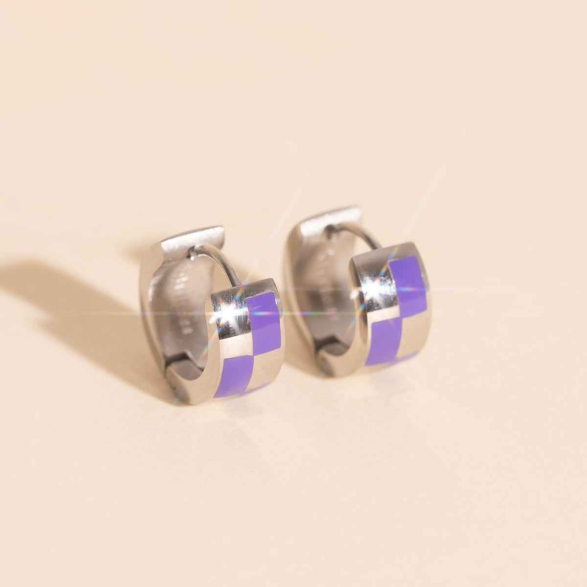 9mm Block Checkered Super Chunky Huggie Hoop Earrings