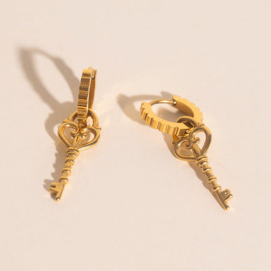 Key Heart Huggie Hoop Charms