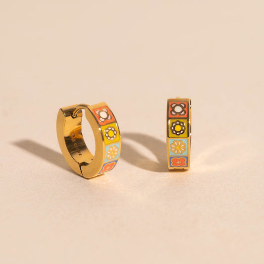 Quilted Flower Chunky Huggie Hoop Earrings
