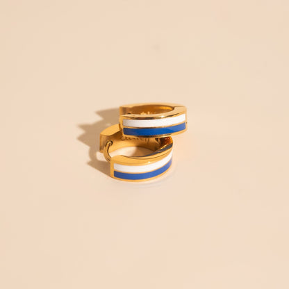 Blue & White Striped Chunky Huggie Hoop Earrings