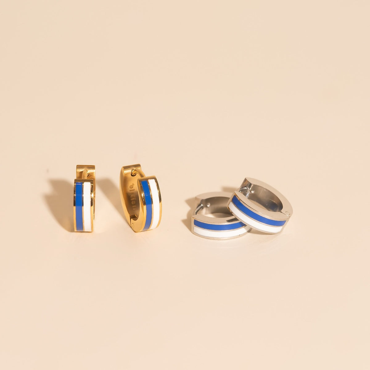 Blue & White Striped Chunky Huggie Hoop Earrings
