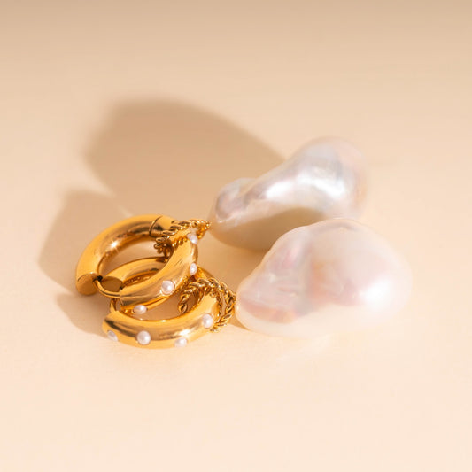 Jumbo Baroque Natural Pearl Huggie Hoop Charms