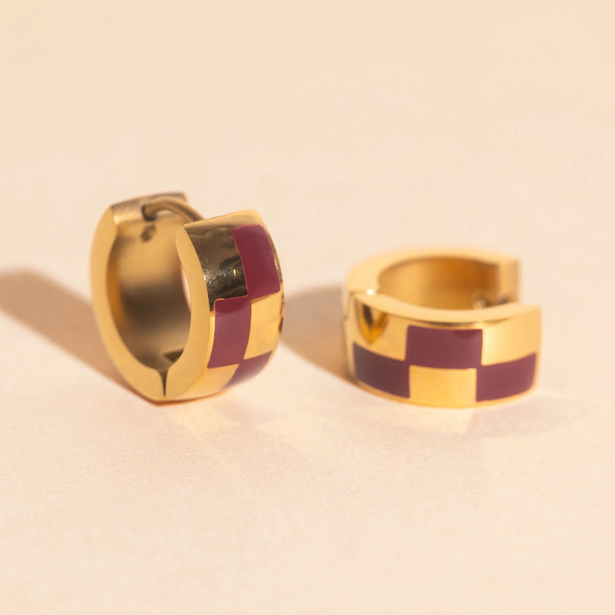 9mm Block Checkered Super Chunky Huggie Hoop Earrings