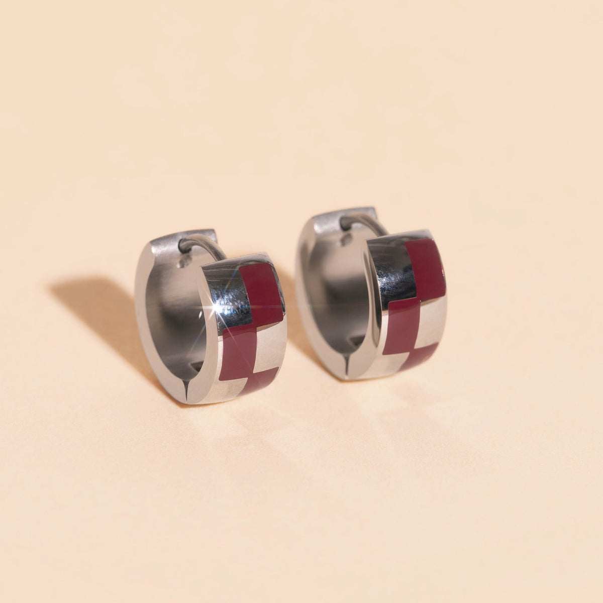 9mm Block Checkered Super Chunky Huggie Hoop Earrings