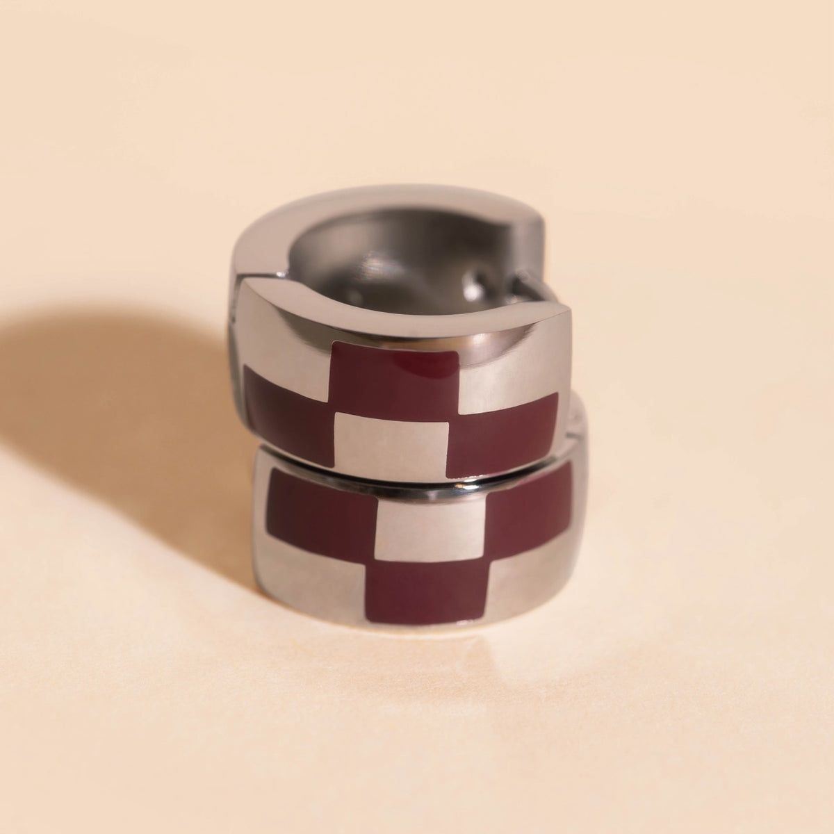 9mm Block Checkered Super Chunky Huggie Hoop Earrings